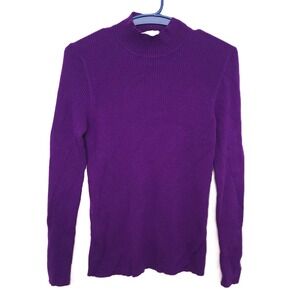 Valerie Stevens 100% Merino Wool Mock Neck‎ Purple Ribbed Sweater MEDIUM Soft M